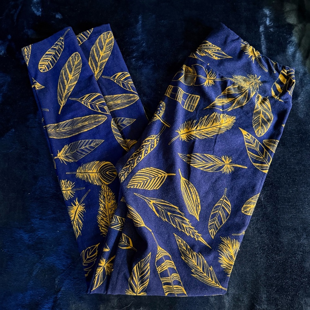 LuLaRoe Leggings Blue and Yellow Feather Pattern